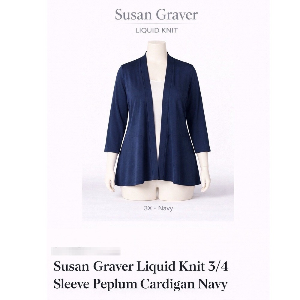Susan Graver Liquid Knit 3/4 Sleeve Peplum Cardigan Navy‎ Blue A255341 3X